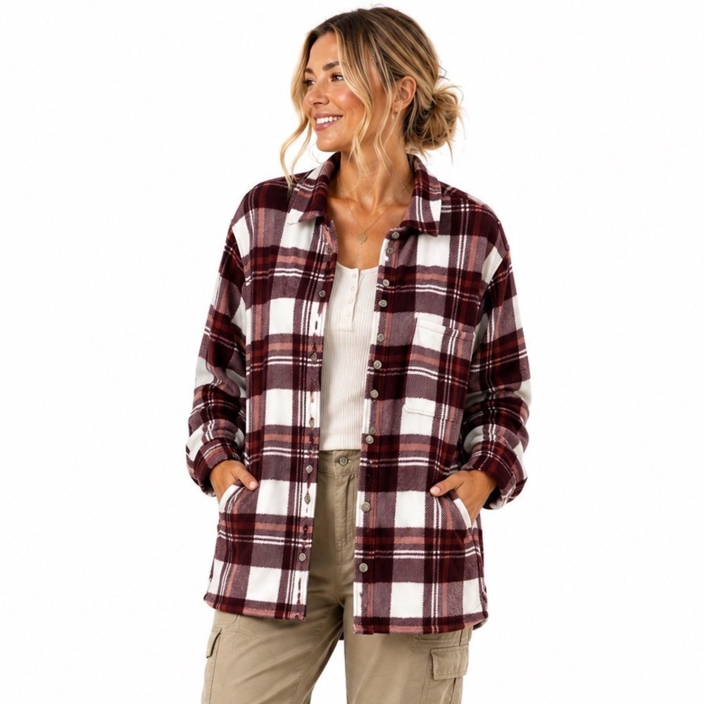 Eddie Bauer Fleece Shacket XL Burgundy Plaid Button Front‎ Pocketed Shirt Jacket